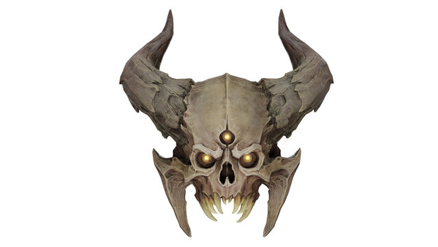 3d rendering of a fantasy skull with horns and glowing eyes