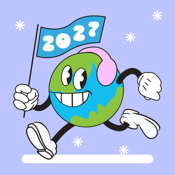 2027 New Year Earth Mascot with Flag &ndash; Cute Cartoon Character Celebrating New Year