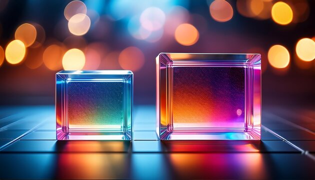 two clear square objects diffract light into colorful patterns with soft bokeh background