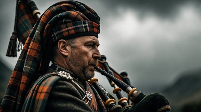 Middle aged Scottish man plays bagpipes wearing tartan kilt and hat. He wears traditional dress and plays music outdoors against a grey sky.