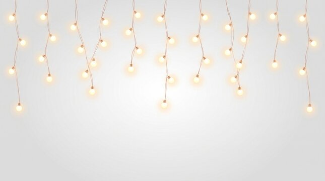 Hanging string lights with glowing bulbs on white background