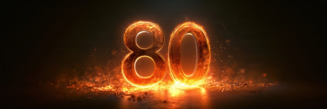 The scene highlights the number 80 glowing with amber light, set against a dark background, representing a dignified celebration of life.