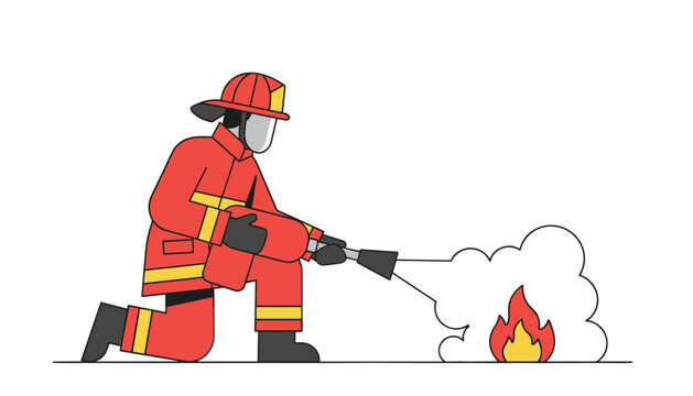 Brave firefighter in full red protective gear kneeling to put out a small ground fire using a handheld portable fire extinguisher.
