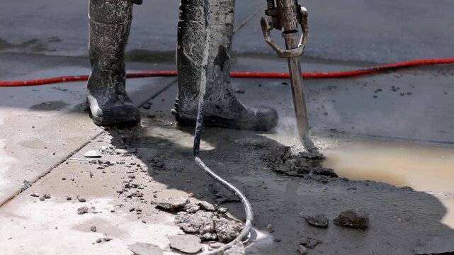 Jack Hammer breaking up concrete. Slow Motion.