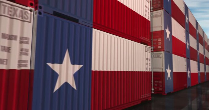 Texas USA export production and import cargo containers in row seamless and loopable business concept. Texas flag industrial shipping box 3d loop.