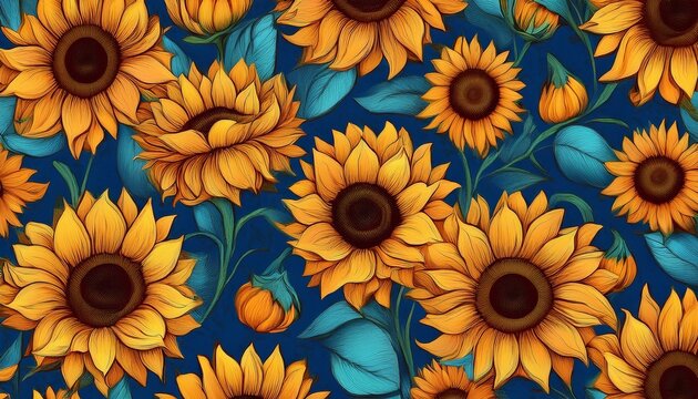 sunflowers on a blue background seamless pattern