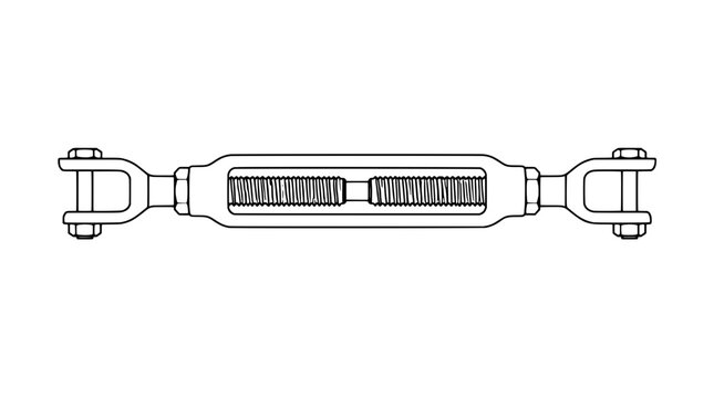 Monoline vector icon of a horizontal rigging turnbuckle with slotted body showing threads and forked jaw ends secured by bolts rendered in thin lines in centered layout for tension adjustment
