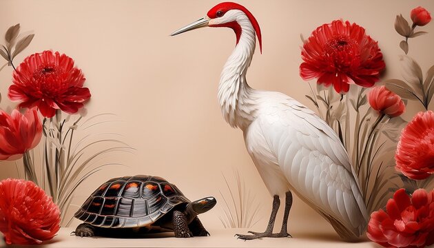 a white crane with red head stands near a tortoise and red flowers on a beige background
