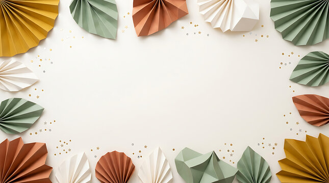 Colorful origami paper fans arranged in decorative border pattern on clean white background