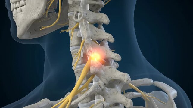 Cervical spine rotation showing nerve root compression at narrowed foramen for healthcare education