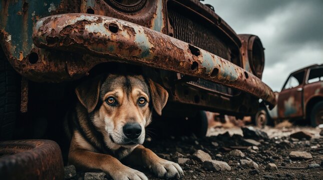 Scared dog hides beneath rusty car in scrapyard. The lost stray animal looks for shelter. Its eyes show deep sadness and fear in this desolate place. Help this lonely pet.