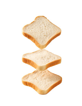 Levitating slices of white toast bread floating as cut out PNG