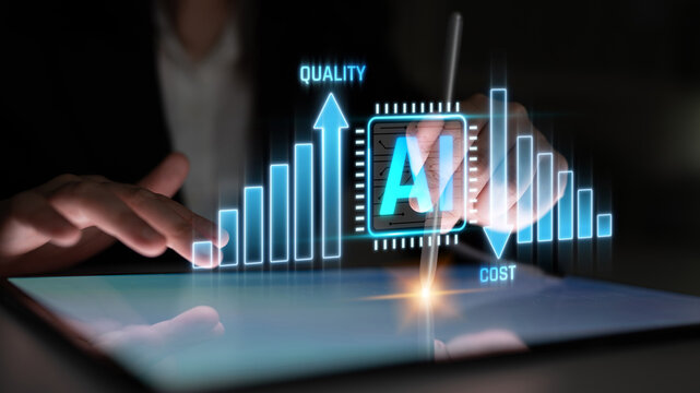 Business analysis of artificial intelligence performance with quality and cost indicators displayed on a digital tablet in a modern workplace setting Sigmoid