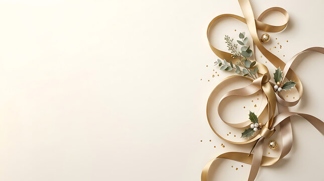 Elegant gold ribbon bow with eucalyptus leaves and decorative gold accents on transparent background