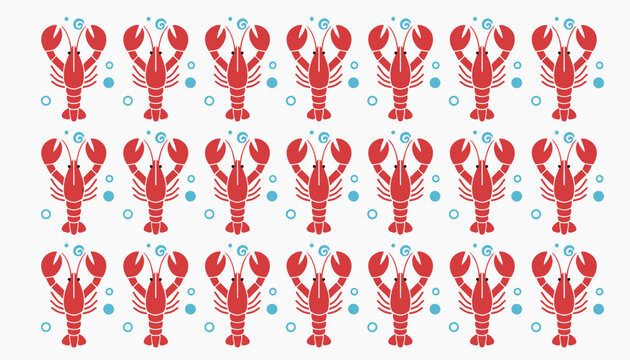 Seamless pattern of bright red lobsters arranged in rows with light blue water bubbles and swirls on a clean white background.