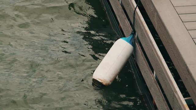 white cylindrical dock fender with blue cap and rope hangs beside weathered pier planks, bobbing in calm water