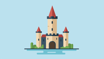 Fototapeta premium Medieval fairytale castle with three stone towers and red pointed roofs stands on a small island surrounded by blue water.