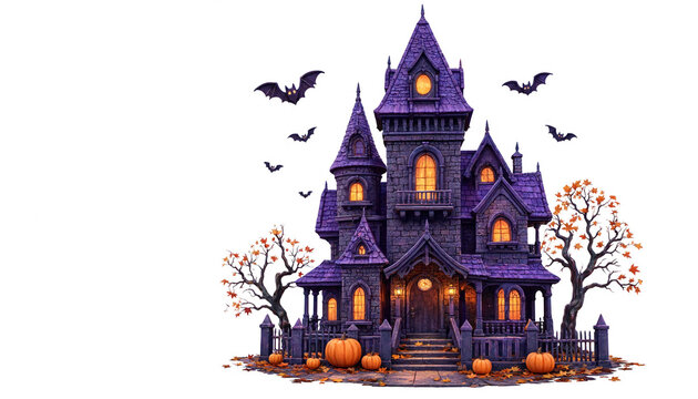 Cute cartoon haunted house with bats glowing windows and pumpkins for spooky Halloween celebration concept