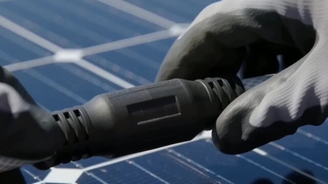 Connecting solar panel cables with professional connectors in a photovoltaic array