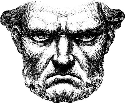 Antique engraved male face with pessimistic expression intense frontal portrait for poster background print design