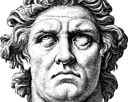 Antique engraved male head with pessimistic expression classical bust portrait for poster background print and design