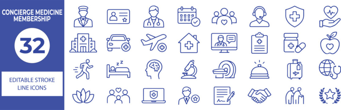 32 Concierge Medicine Vector Outline Icons Set,Membership, Doctor, Healthcare, Medical Service and Patient Care Line Symbols Collection