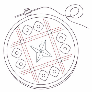 Embroidery hoop with geometric pattern stitches and needlecraft thread vector illustration