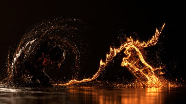 A bear force pushes down against an amber price line while a bull force tries to lift it upward, illustrating market cycles in a dark scene.