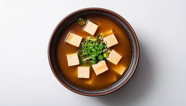 top view of a tasty bowl of tofu miso soup on a white background