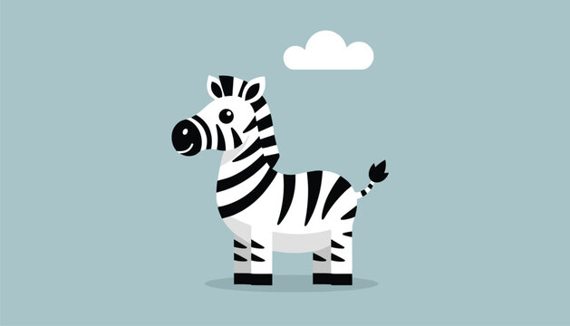 Adorable cartoon zebra with black and white stripes stands on a gray shadow against a blue background with a single fluffy cloud.