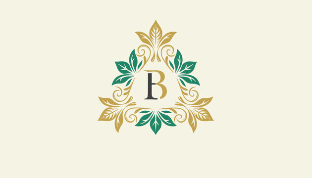 Elegant monogram logo with the letter B surrounded by symmetrical green and gold leaves in a sophisticated crest design on a cream background.