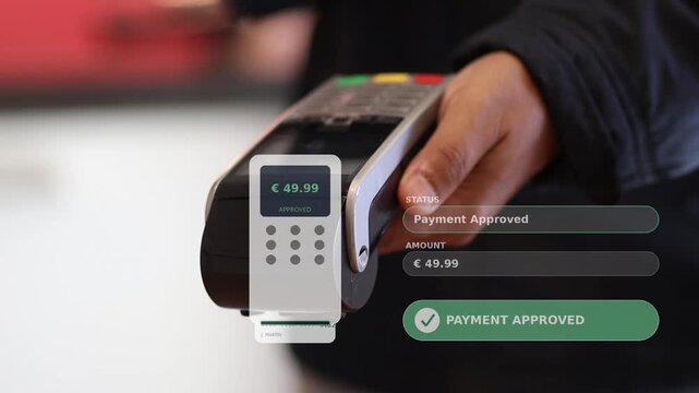 Person inserting a credit card into a pos terminal for a purchase payment, showing the transaction process with an animated graphic user interface display