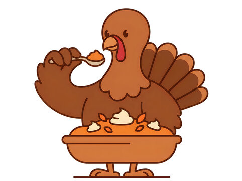 Cartoon turkey eating thanksgiving feast