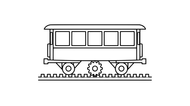 Black outline vector icon of a rack railway carriage with five windows roof side doors three wheels cog gear and toothed track drawn with medium lines in side elevation evoking mountain transit