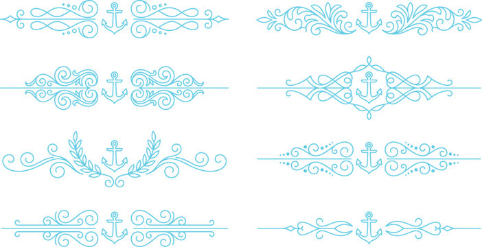Light blue marine-themed ornamental borders with anchors for nautical and elegant design.