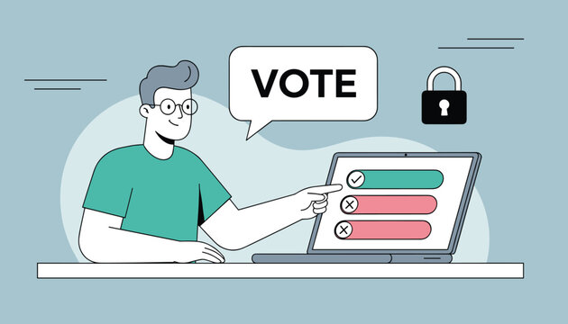 Man wearing glasses points towards a digital ballot on his laptop screen with a lock icon suggesting a secure online voting process.