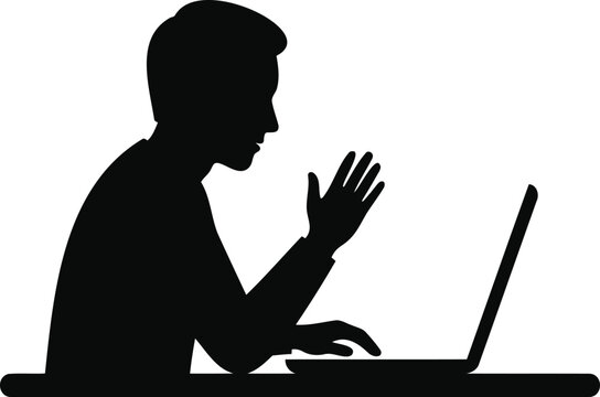 Black silhouette of a man sitting at a desk and gesturing while having a conference call on a laptop computer on a white background