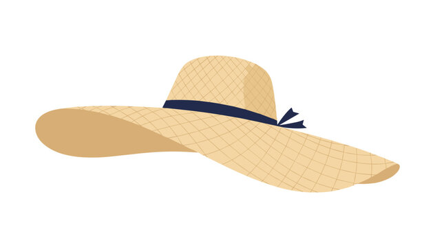 Elegant wide brimmed straw sun hat with a dark blue ribbon tied in a bow is a perfect accessory for a beach vacation.