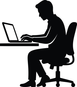 Black silhouette of a man sitting at a desk and working on a laptop computer, isolated on a white background, style