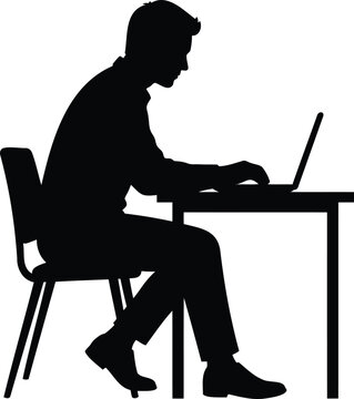 Black silhouette of a man sitting on a chair at a desk and working on a laptop computer, isolated on a white background