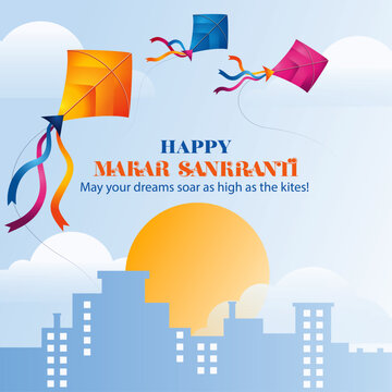 Colorful Happy Makar Sankranti illustration with flying kites, sunrise and city skyline. Ideal for festival banners, greeting cards, posters and social media.