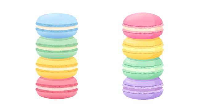Set of two colorful French macaron stacks pastel dessert vector illustration isolated on transparent background