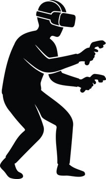 Black silhouette of a person wearing a virtual reality headset and holding two game controllers, isolated on a white background