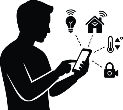 Black silhouette of a person using a smartphone to control smart home devices, isolated on a white background, icon set