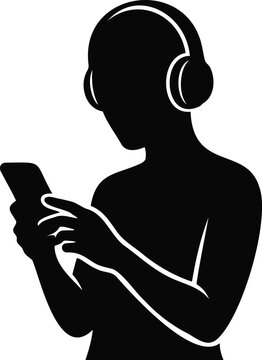 Black silhouette of a person wearing headphones and looking at a smartphone, isolated on a white background