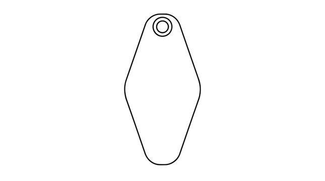 Black outline vector icon of a blank motel key fob with diamond tag shape and double ring grommet hole at top drawn in thin lines in centered vertical composition emphasizing rounded bottom