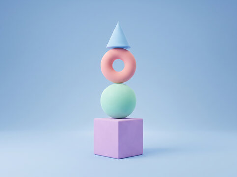 Stacked geometric 3D shapes including a cone torus sphere and cube on a soft blue background