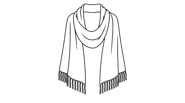 Line art illustration of a draped pashmina shawl scarf with neck folds and long fringe tassels hanging from both ends drawn in thin lines in centered vertical composition conveying winter drape