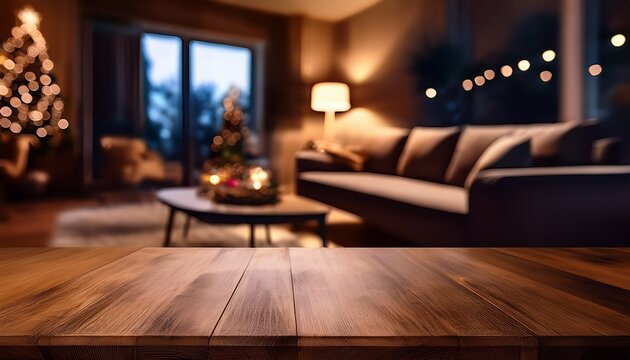 a wooden table surface in a living room empty product background low angle nighttime home interior foreground shallow depth of field vignette your product here empty foreground space