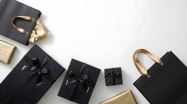 Composici&oacute;n de vista cenital (flat lay) con bolsas de compra negras, regalos envueltos y cajas de regalo con cintas negras y doradas, dispuestas sobre un fondo blanco y limpio con espacio para texto.